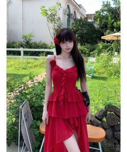 Elegant French-Style Red Spaghetti Strap Dress for Women - Waist-Cinching, Irregular Ruffle Long Skirt, Perfect for Summer Occasions