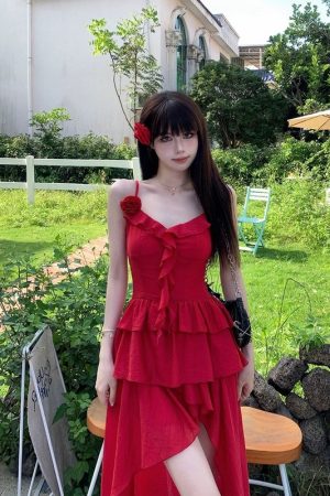 Elegant French-Style Red Spaghetti Strap Dress for Women - Waist-Cinching, Irregular Ruffle Long Skirt, Perfect for Summer Occasions