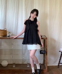 Elegant French-Style Silk Neck-Tie Sleeveless Bow Top - Loose Slim-Fit Summer Shirt