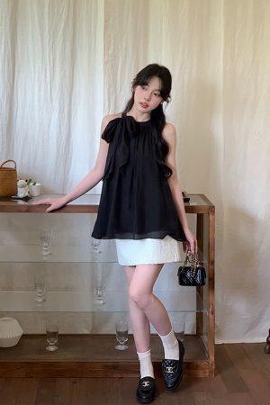 Elegant French-Style Silk Neck-Tie Sleeveless Bow Top - Loose Slim-Fit Summer Shirt