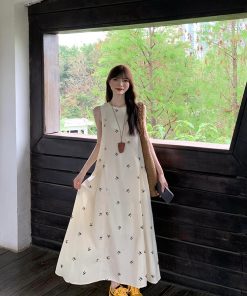Elegant French-Style Sleeveless Bow Dress for Women - Unique Loose Fit Long Summer Dress
