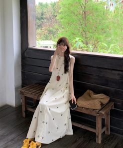 Elegant French-Style Sleeveless Bow Dress for Women - Unique Loose Fit Long Summer Dress