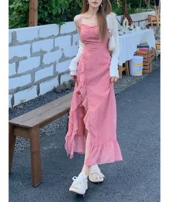 Elegant French-Style Spaghetti Strap Dress for Women, Waist-Cinching with Rose Ruffles and Side Slit, Summer Long Dress