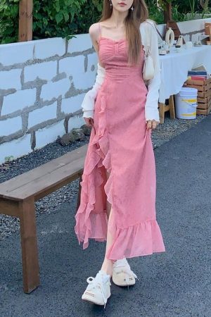 Elegant French-Style Spaghetti Strap Dress for Women, Waist-Cinching with Rose Ruffles and Side Slit, Summer Long Dress