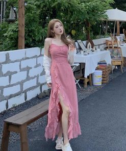 Elegant French-Style Spaghetti Strap Dress for Women, Waist-Cinching with Rose Ruffles and Side Slit, Summer Long Dress