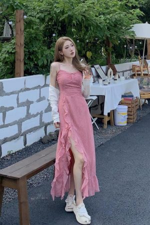 Elegant French-Style Spaghetti Strap Dress for Women, Waist-Cinching with Rose Ruffles and Side Slit, Summer Long Dress