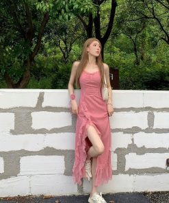 Elegant French-Style Spaghetti Strap Dress for Women, Waist-Cinching with Rose Ruffles and Side Slit, Summer Long Dress