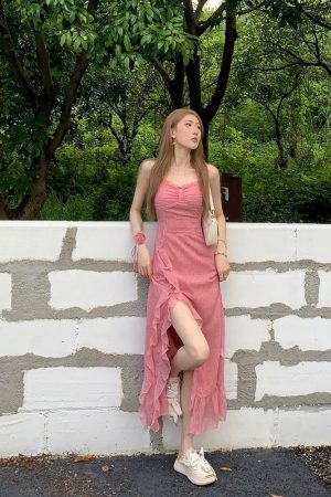 Elegant French-Style Spaghetti Strap Dress for Women, Waist-Cinching with Rose Ruffles and Side Slit, Summer Long Dress