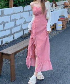 Elegant French-Style Spaghetti Strap Dress for Women, Waist-Cinching with Rose Ruffles and Side Slit, Summer Long Dress