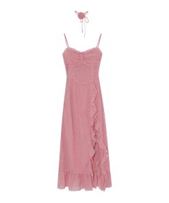Elegant French-Style Spaghetti Strap Dress for Women, Waist-Cinching with Rose Ruffles and Side Slit, Summer Long Dress