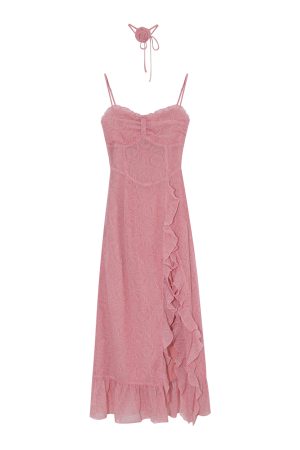 Elegant French-Style Spaghetti Strap Dress for Women, Waist-Cinching with Rose Ruffles and Side Slit, Summer Long Dress