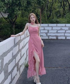 Elegant French-Style Spaghetti Strap Dress for Women, Waist-Cinching with Rose Ruffles and Side Slit, Summer Long Dress