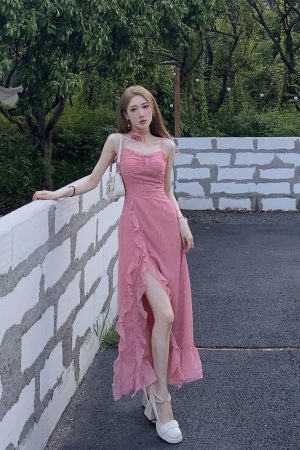 Elegant French-Style Spaghetti Strap Dress for Women, Waist-Cinching with Rose Ruffles and Side Slit, Summer Long Dress