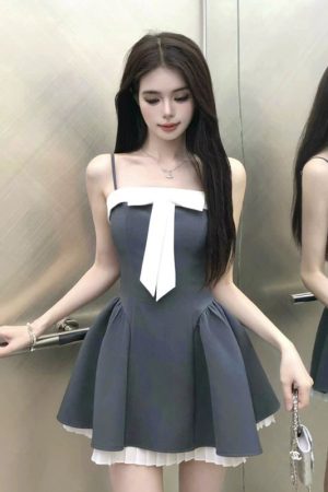 Elegant French-Style Spliced Spaghetti Strap Dress for Women with Butterfly Knot, Waist-Cinching Short Skirt, Perfect for Summer