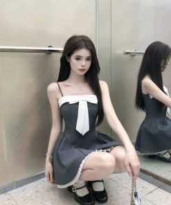 Elegant French-Style Spliced Spaghetti Strap Dress for Women with Butterfly Knot, Waist-Cinching Short Skirt, Perfect for Summer