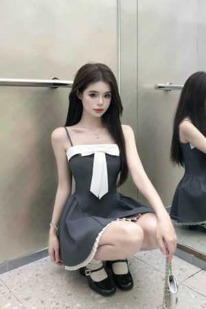 Elegant French-Style Spliced Spaghetti Strap Dress for Women with Butterfly Knot, Waist-Cinching Short Skirt, Perfect for Summer