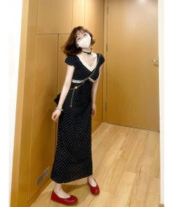 Elegant French-Style Square-Neck Black Polka Dot Bodycon Dress for Women, Waist-Cinching Summer Fashion, Chic Niche Design