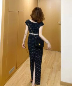 Elegant French-Style Square-Neck Black Polka Dot Bodycon Dress for Women, Waist-Cinching Summer Fashion, Chic Niche Design