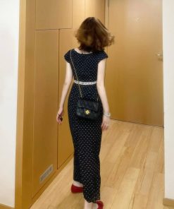Elegant French-Style Square-Neck Black Polka Dot Bodycon Dress for Women, Waist-Cinching Summer Fashion, Chic Niche Design