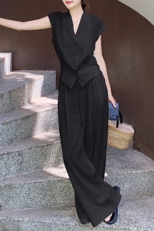 Elegant French Style Vest and Wide-Leg Pants Two-Piece Set - 2025 Summer Outfit for a Youthful Look, Perfect for Casual Chic or Vacation