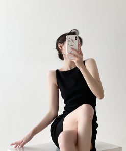 Elegant French Vintage Black One-Shoulder Dress for Women, Summer Hepburn Style Sleeveless Fitted Dress, High-End Fashion