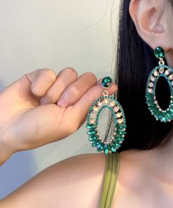 Elegant Geometric Drop Earrings with Oval Green Glass and Diamond Inlay - Exaggerated European & American Style for Women