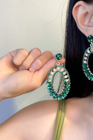 Elegant Geometric Drop Earrings with Oval Green Glass and Diamond Inlay - Exaggerated European & American Style for Women