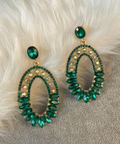 Elegant Geometric Drop Earrings with Oval Green Glass and Diamond Inlay - Exaggerated European & American Style for Women