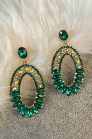 Elegant Geometric Drop Earrings with Oval Green Glass and Diamond Inlay - Exaggerated European & American Style for Women