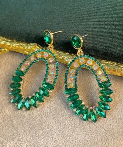 Elegant Geometric Drop Earrings with Oval Green Glass and Diamond Inlay - Exaggerated European & American Style for Women