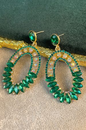 Elegant Geometric Drop Earrings with Oval Green Glass and Diamond Inlay - Exaggerated European & American Style for Women