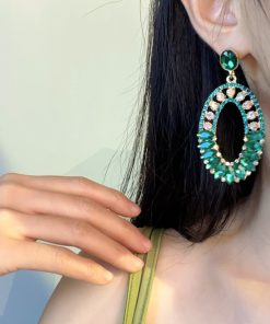 Elegant Geometric Drop Earrings with Oval Green Glass and Diamond Inlay - Exaggerated European & American Style for Women