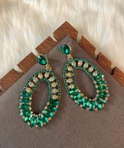 Elegant Geometric Drop Earrings with Oval Green Glass and Diamond Inlay - Exaggerated European & American Style for Women