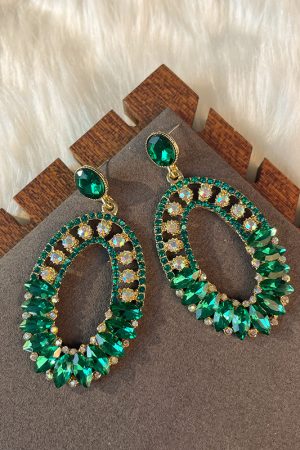 Elegant Geometric Drop Earrings with Oval Green Glass and Diamond Inlay - Exaggerated European & American Style for Women