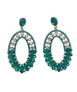 Elegant Geometric Drop Earrings with Oval Green Glass and Diamond Inlay - Exaggerated European & American Style for Women