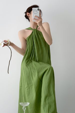 Elegant Goddess Style Lightweight Ramie Dress - Two-Way Front & Back Design - Long Dress for 90s Inspired Fashion