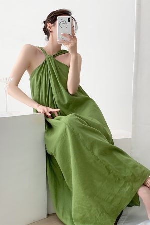 Elegant Goddess Style Lightweight Ramie Dress - Two-Way Front & Back Design - Long Dress for 90s Inspired Fashion