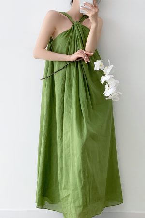 Elegant Goddess Style Lightweight Ramie Dress - Two-Way Front & Back Design - Long Dress for 90s Inspired Fashion