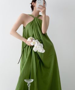 Elegant Goddess Style Lightweight Ramie Dress - Two-Way Front & Back Design - Long Dress for 90s Inspired Fashion