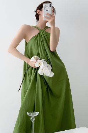 Elegant Goddess Style Lightweight Ramie Dress - Two-Way Front & Back Design - Long Dress for 90s Inspired Fashion