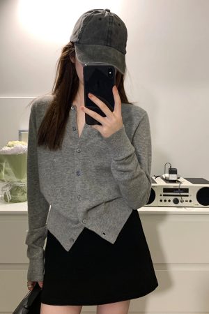 Elegant Gray Knitted Cardigan for Women - High-End Korean Style Cashmere Sweater Coat, Slim-Fit for Spring and Autumn Fashion