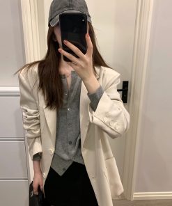 Elegant Gray Knitted Cardigan for Women - High-End Korean Style Cashmere Sweater Coat, Slim-Fit for Spring and Autumn Fashion