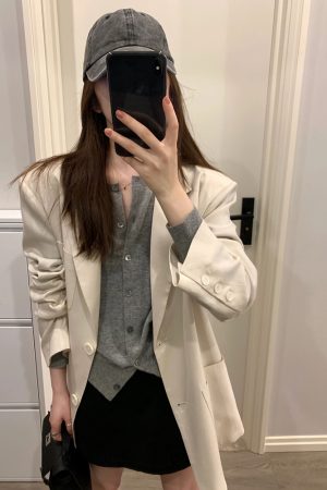 Elegant Gray Knitted Cardigan for Women - High-End Korean Style Cashmere Sweater Coat, Slim-Fit for Spring and Autumn Fashion
