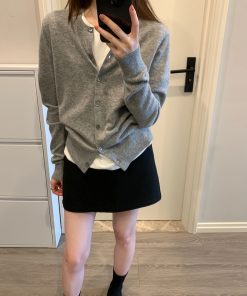 Elegant Gray Knitted Cardigan for Women - High-End Korean Style Cashmere Sweater Coat, Slim-Fit for Spring and Autumn Fashion