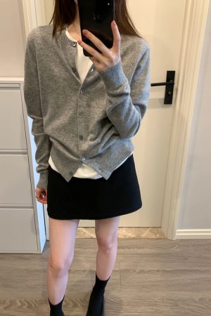 Elegant Gray Knitted Cardigan for Women - High-End Korean Style Cashmere Sweater Coat, Slim-Fit for Spring and Autumn Fashion