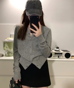 Elegant Gray Knitted Cardigan for Women - High-End Korean Style Cashmere Sweater Coat, Slim-Fit for Spring and Autumn Fashion