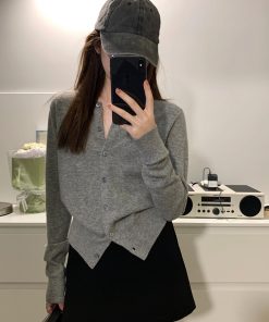 Elegant Gray Knitted Cardigan for Women - High-End Korean Style Cashmere Sweater Coat, Slim-Fit for Spring and Autumn Fashion
