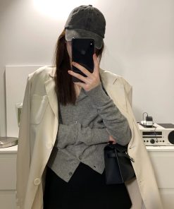 Elegant Gray Knitted Cardigan for Women - High-End Korean Style Cashmere Sweater Coat, Slim-Fit for Spring and Autumn Fashion