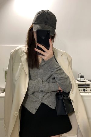 Elegant Gray Knitted Cardigan for Women - High-End Korean Style Cashmere Sweater Coat, Slim-Fit for Spring and Autumn Fashion