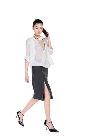 Elegant Gray Split Design Pencil Skirt for Women - Slim Fit A-Line, Versatile High-End Fashion, Chic Workwear, Classic Style